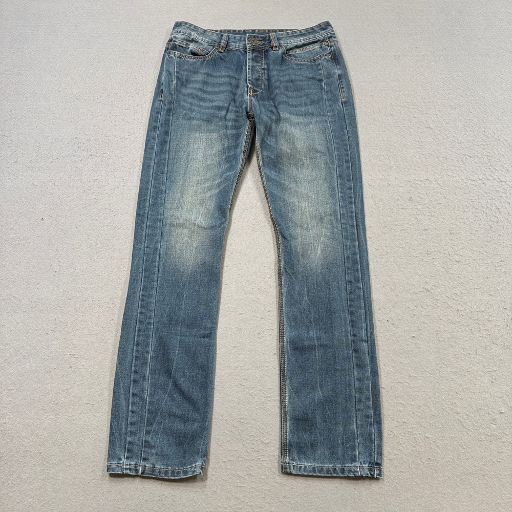 Urban Behavior Jeans Mens 32x34 Blue Button Fly Carrot Fit Straight Leg Whiskers